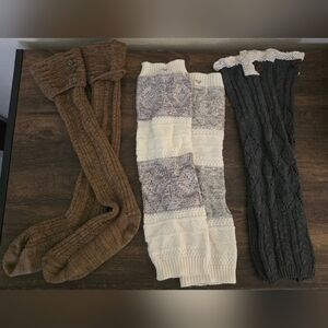 Cozy Knit Sock Pair And Two Leg Warmers - Brown, Cream, Gray.